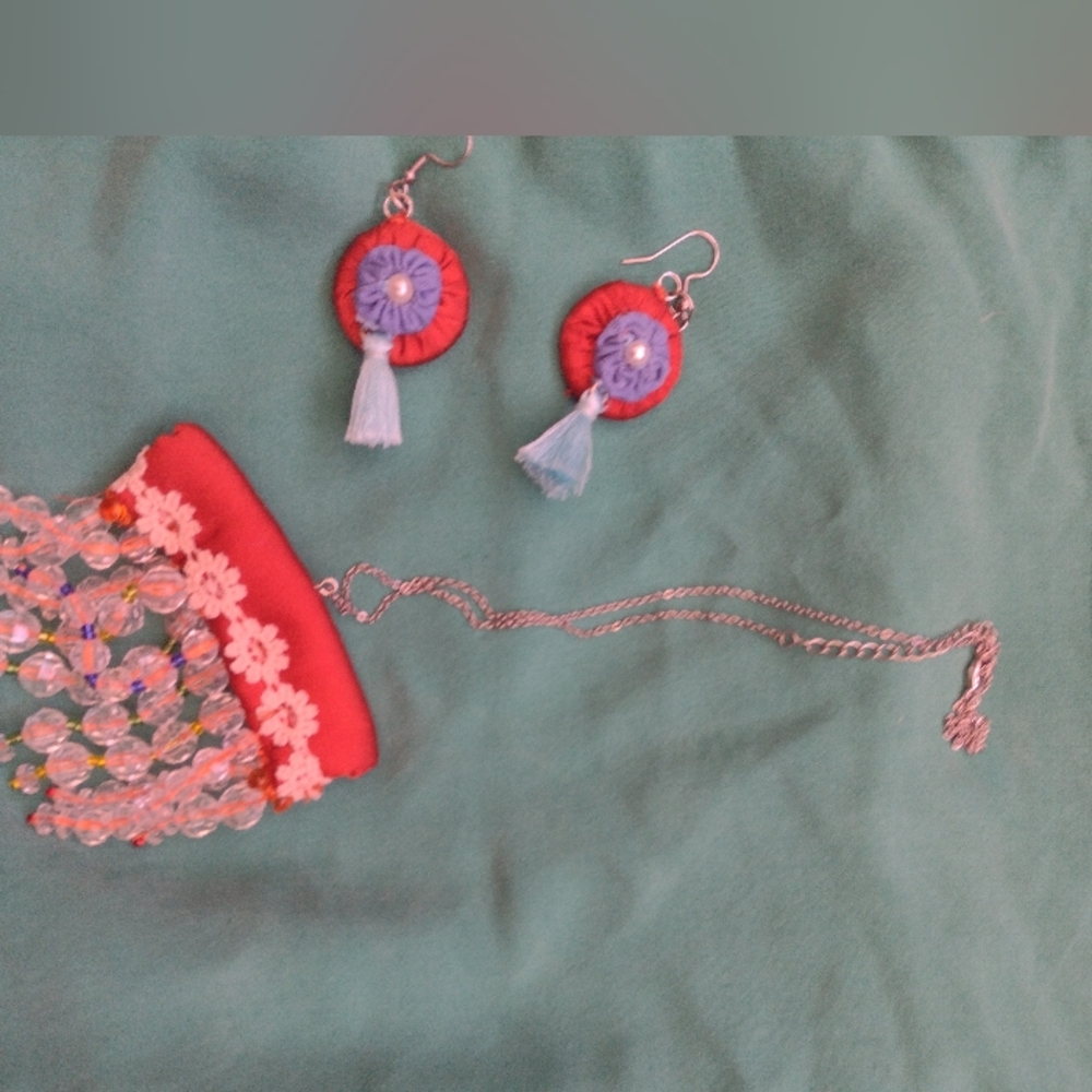 Burnt Orange Fabric Beaded Tassel Earrings and Necklace Set